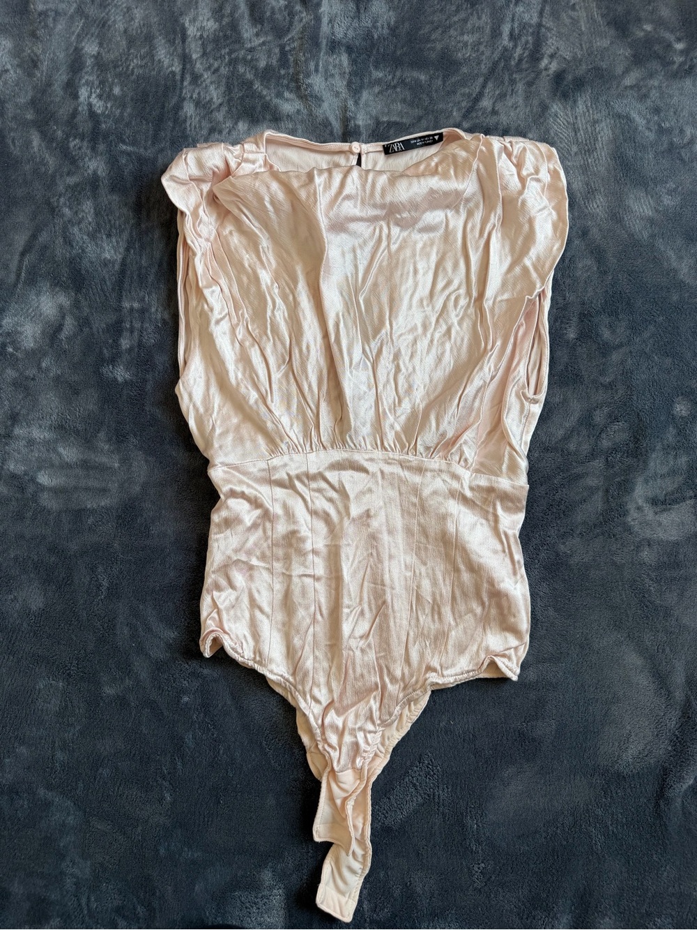 Zara Women’s Satin Bodysuit Blush Pink Size M Medium Ruched Sleeves.